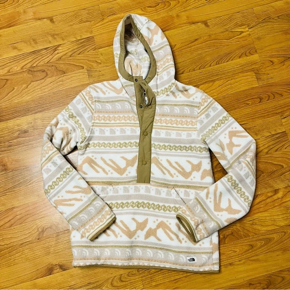 The North Face Printed Fleece Hoodie – Tan Cream Pullover – Size Small NWT